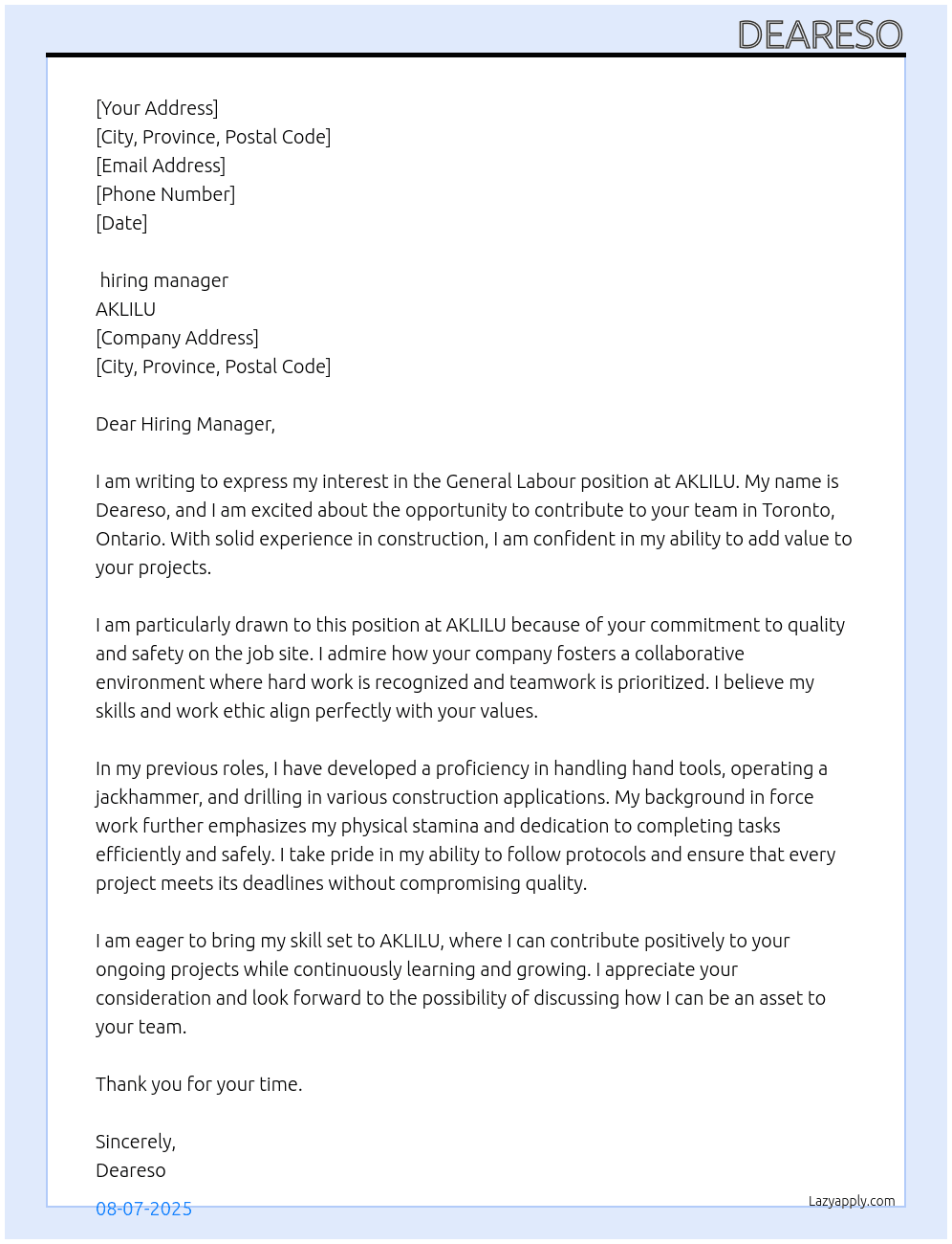 Cover letter for general labour - LazyApply