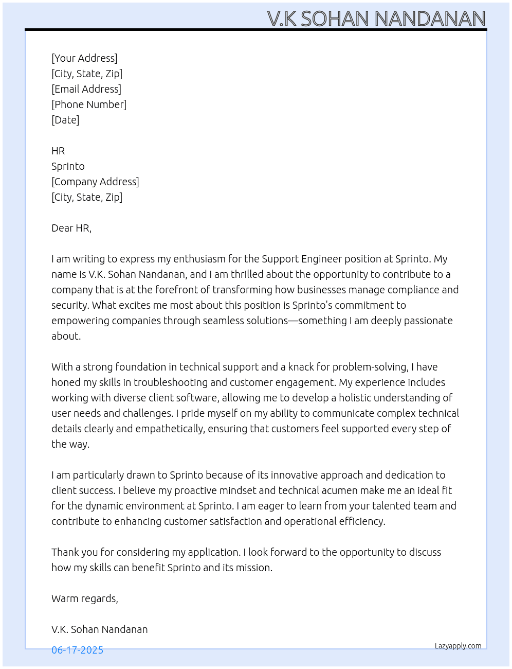Support Engineer At Sprinto Cover Letter