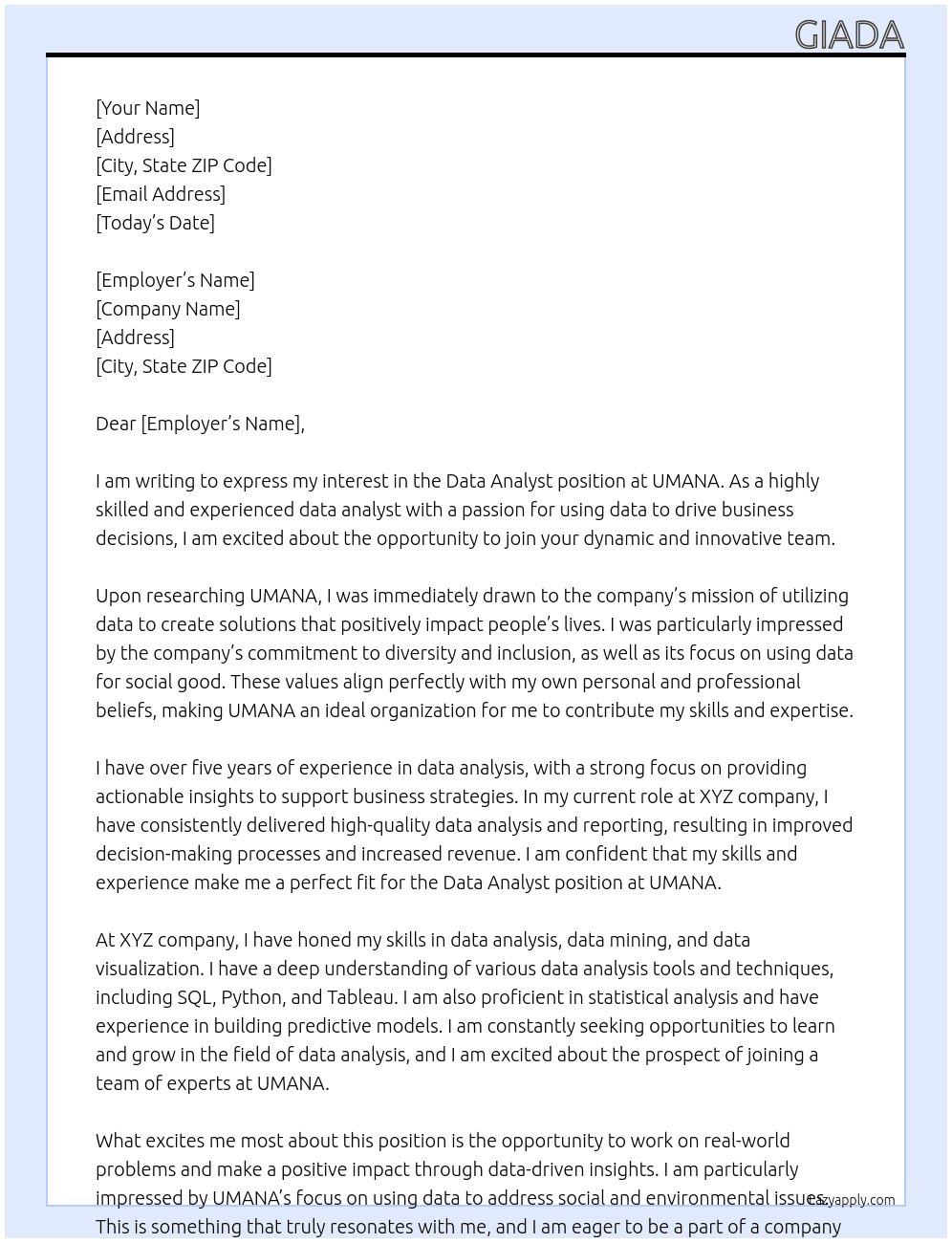 data analyst At UMANA Cover Letter