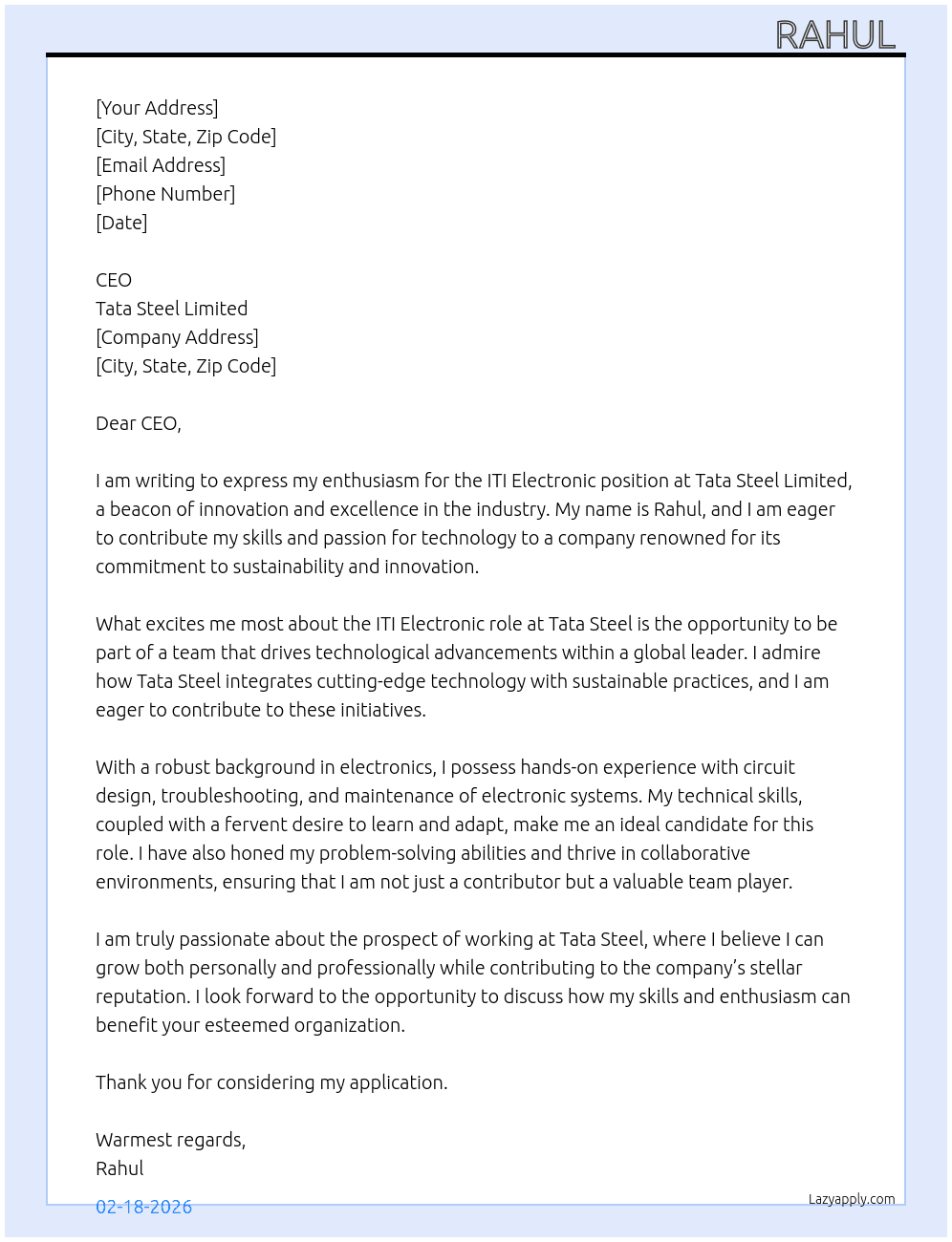 ITI electronic  At Tata steel limited  Cover Letter