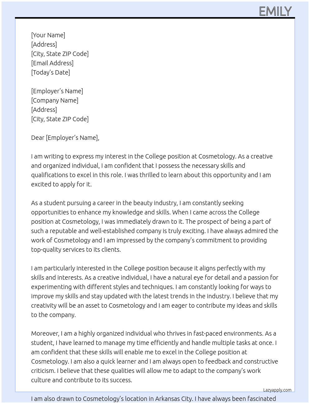 College  At Cosmetology  Cover Letter