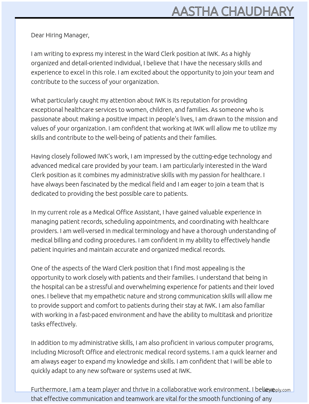 Ward Clerk At IWK Cover Letter