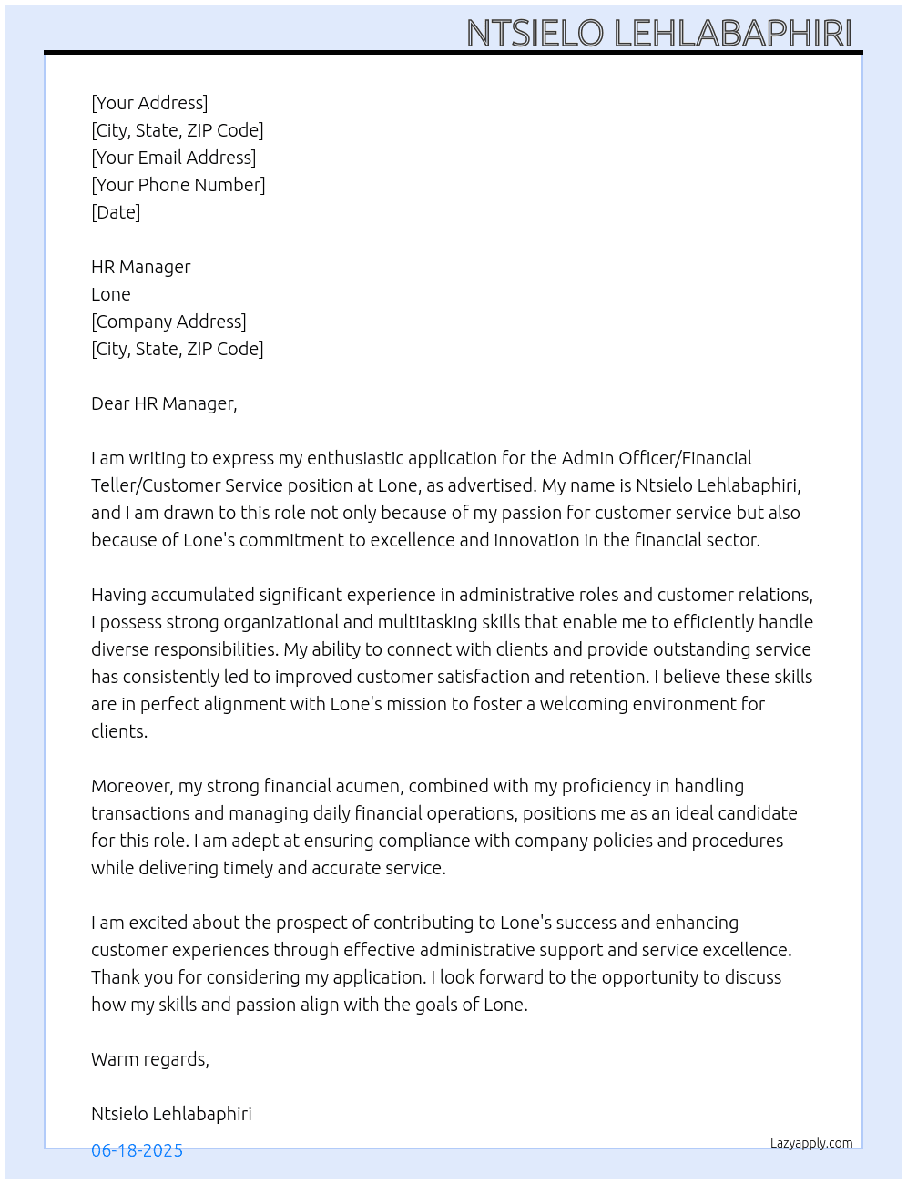 Admin officer financial teller customer service  At Lone Cover Letter