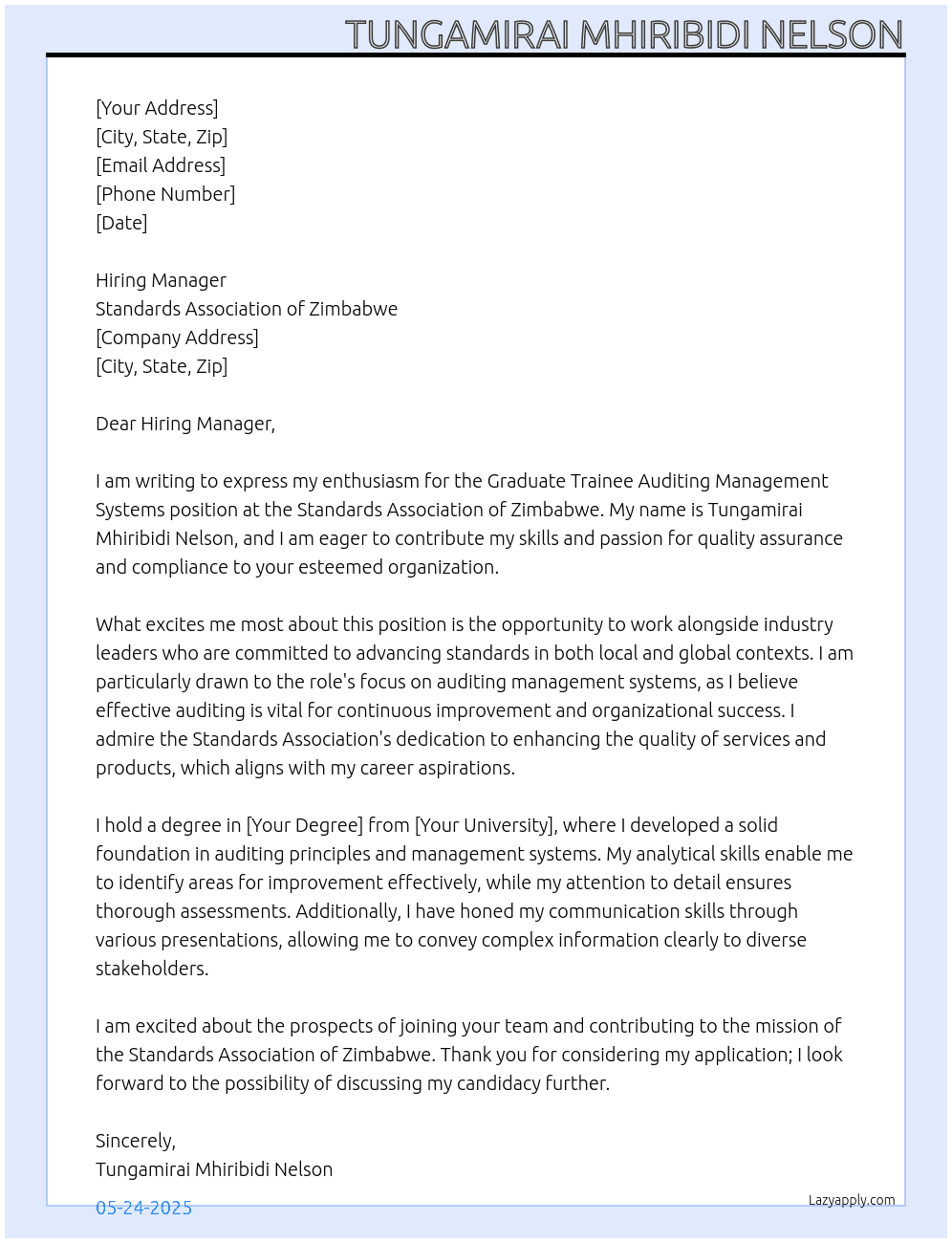 Graduate trainee auditing management systems At Standards Association of Zimbabwe Cover Letter