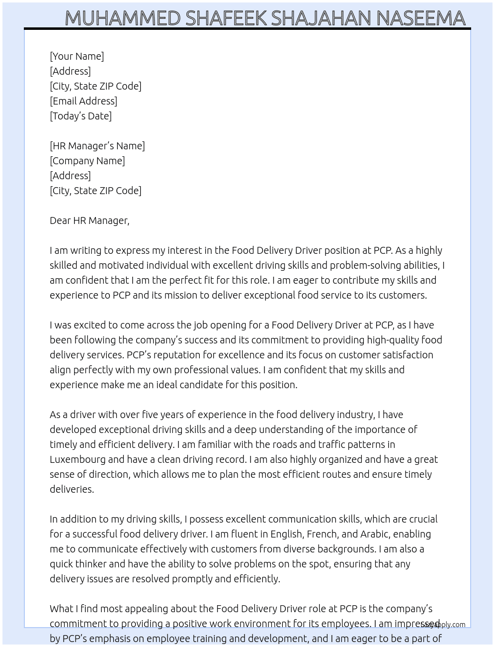 Cover letter for food delivery driver - LazyApply