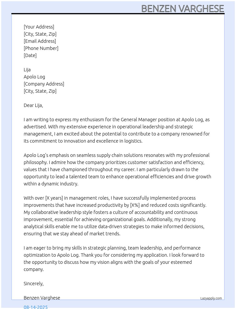 General Manager At Apolo Log Cover Letter