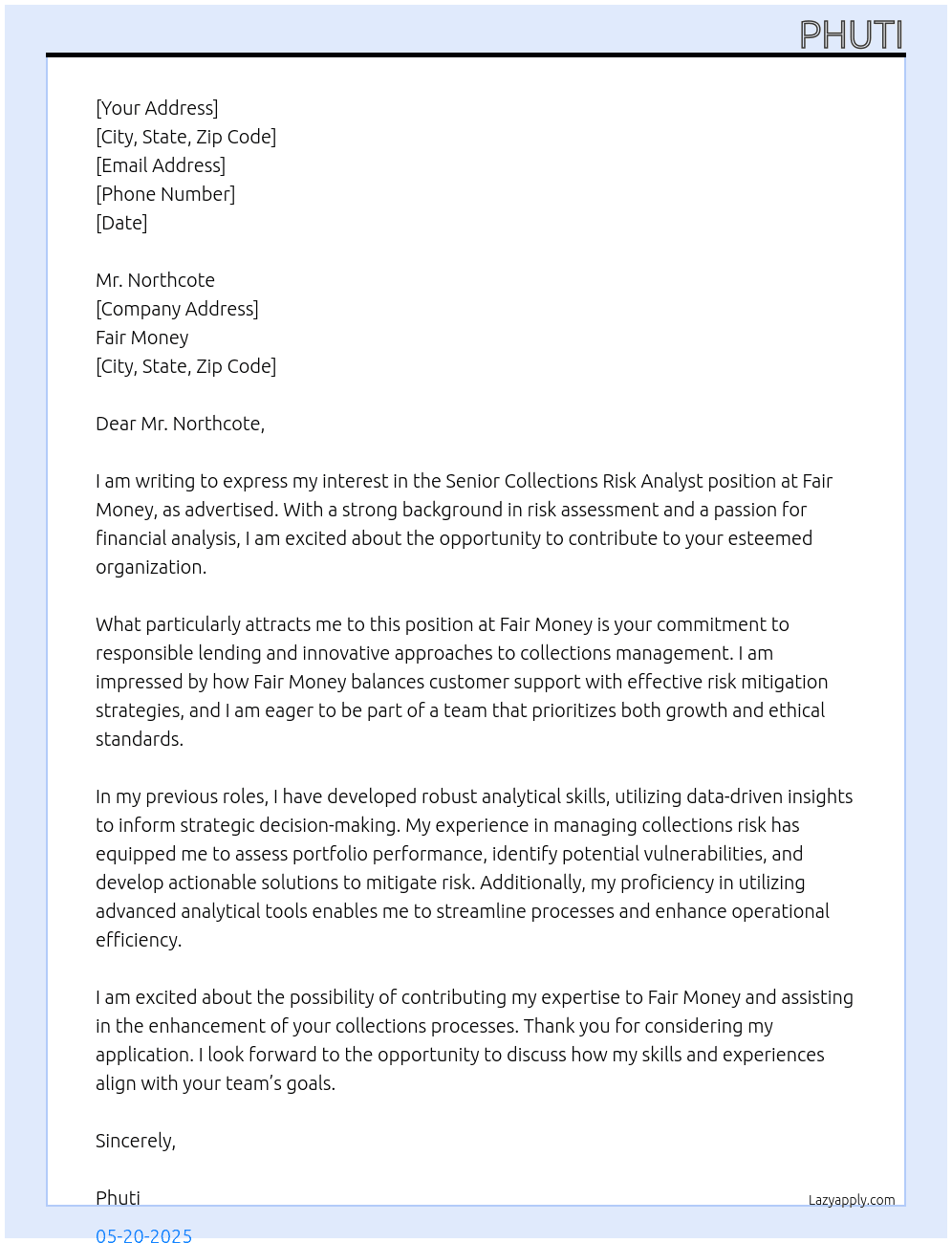 Cover letter for senior collections risk analyst - LazyApply