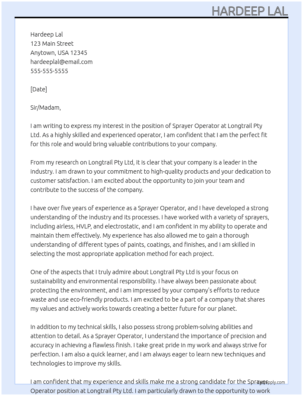 Cover letter for sprayer operator - LazyApply