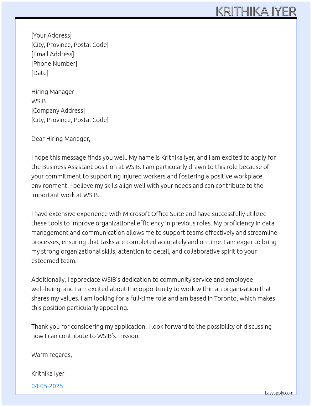 Business Assistant At WSIB Cover Letter