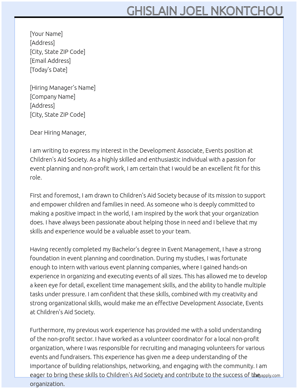Development Associate, Events At Children's Aid Society Cover Letter
