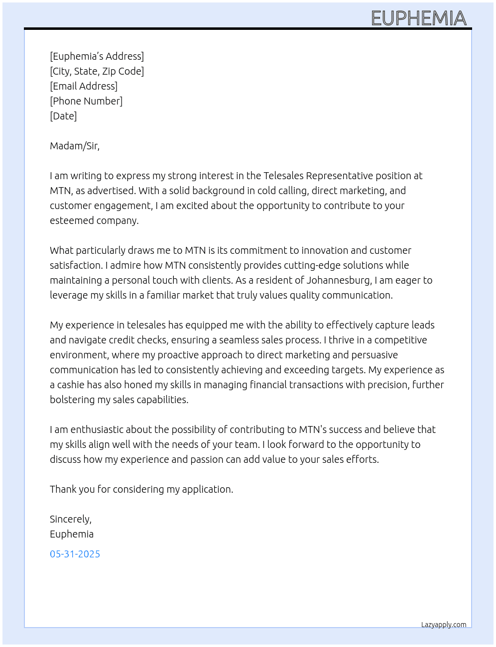 Telesales representative mtn At Mtn Cover Letter
