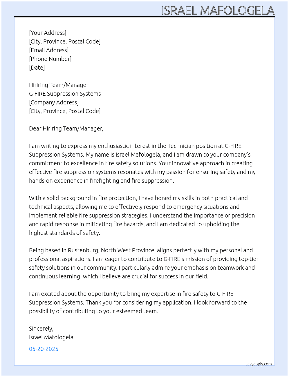 Technician - G- FIRE Suppression systems At G - FIRE Suppression System Cover Letter