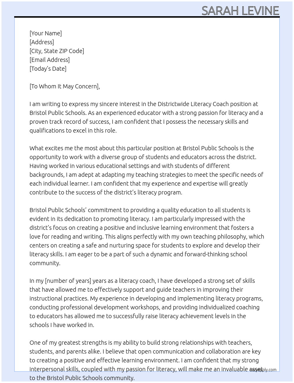 Districtwide Literacy Coach At Bristol Public Schools Cover Letter