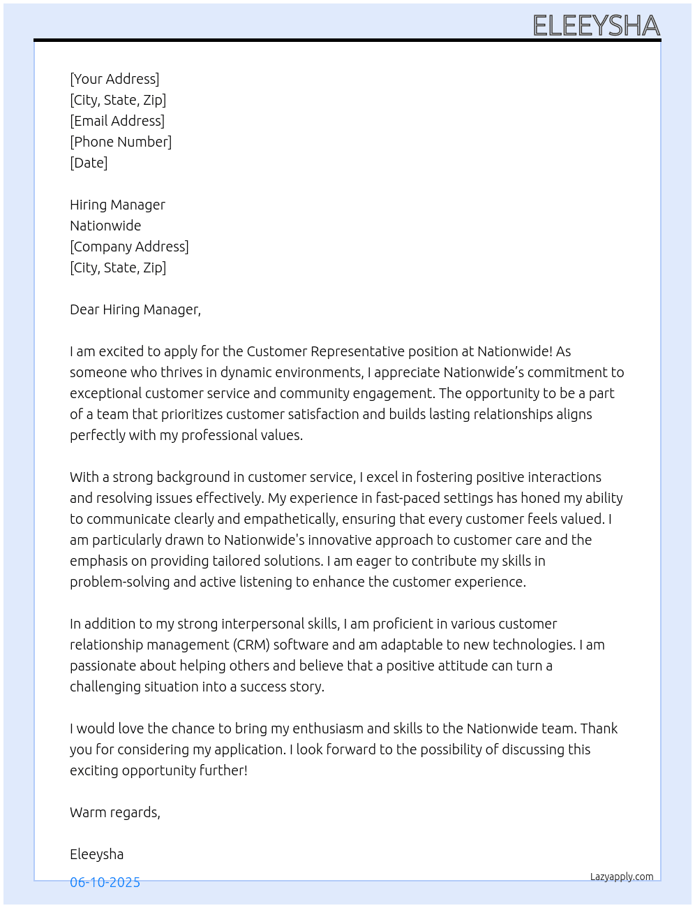customer representative At Nationwide Cover Letter