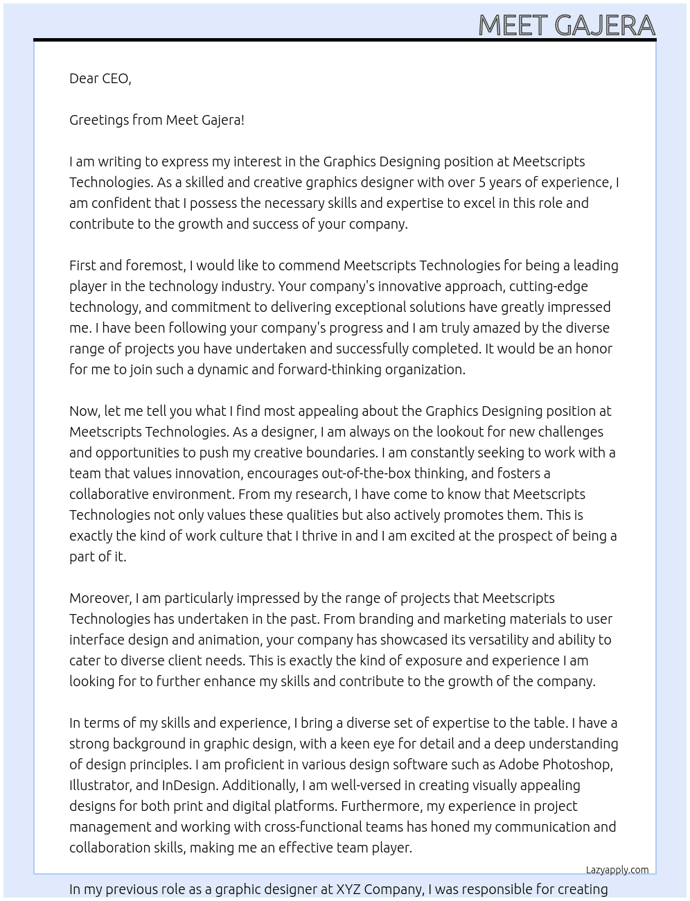 Graphics designing At Meetscripts technologies Cover Letter
