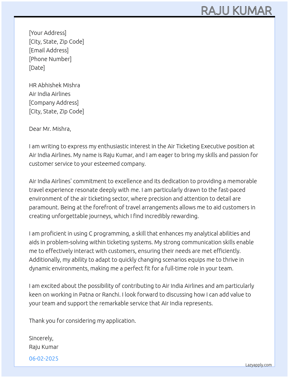 Air ticketing Excutive  At Air India Airlines  Cover Letter