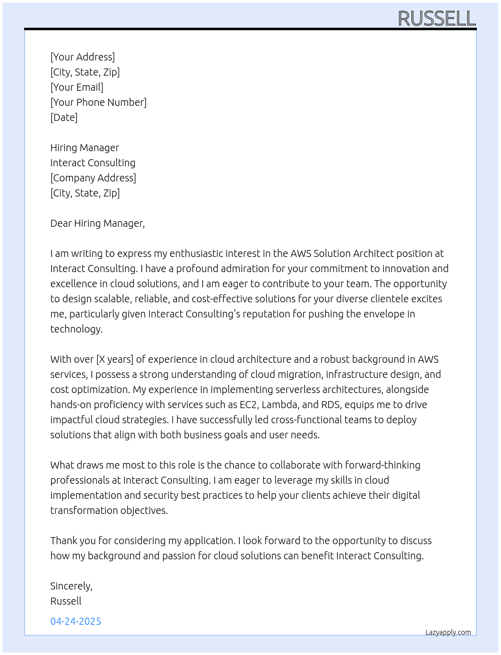AWS Solution Architect At Interact Consulting Cover Letter
