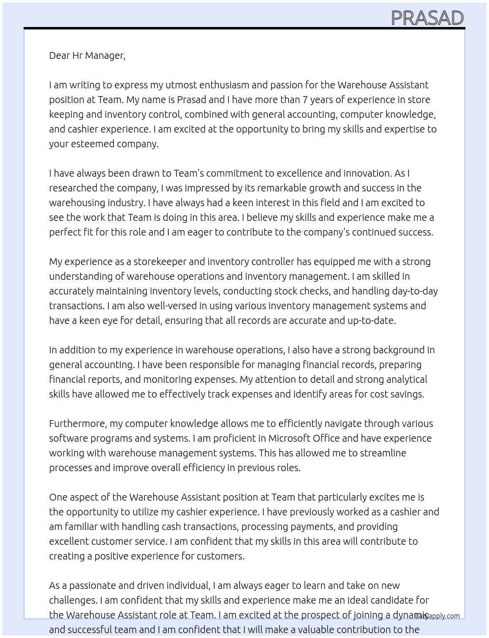 warehouse assistant  At Team  Cover Letter