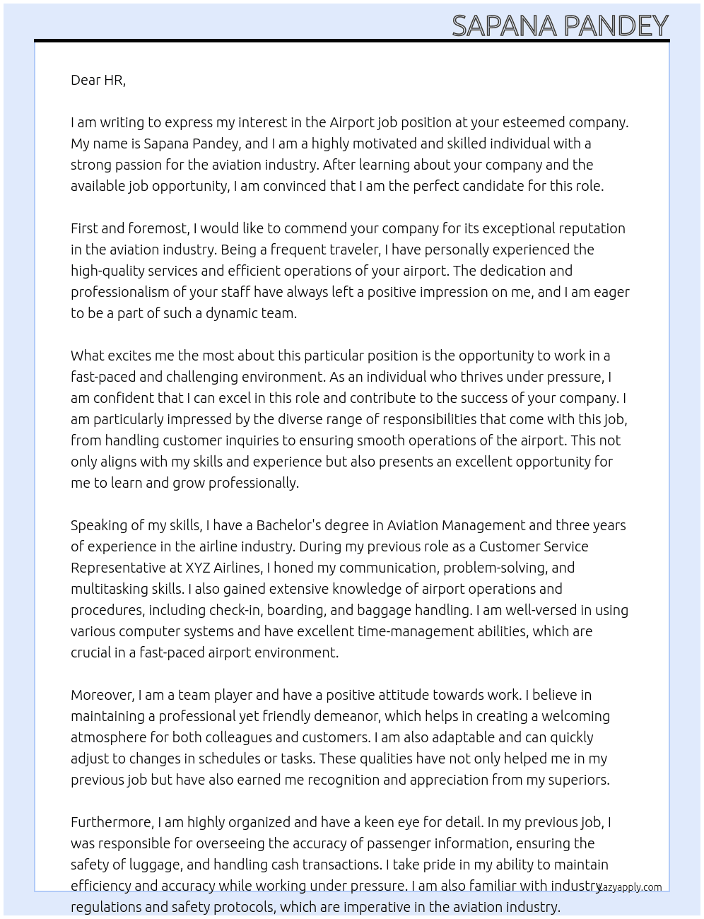 Airport job At Airport  Cover Letter