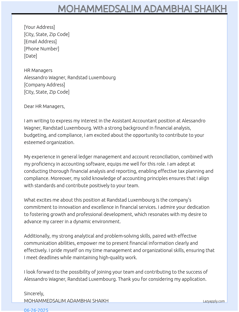 Assistant Accountant  At alessandro wagner, randstad luxembourg Cover Letter