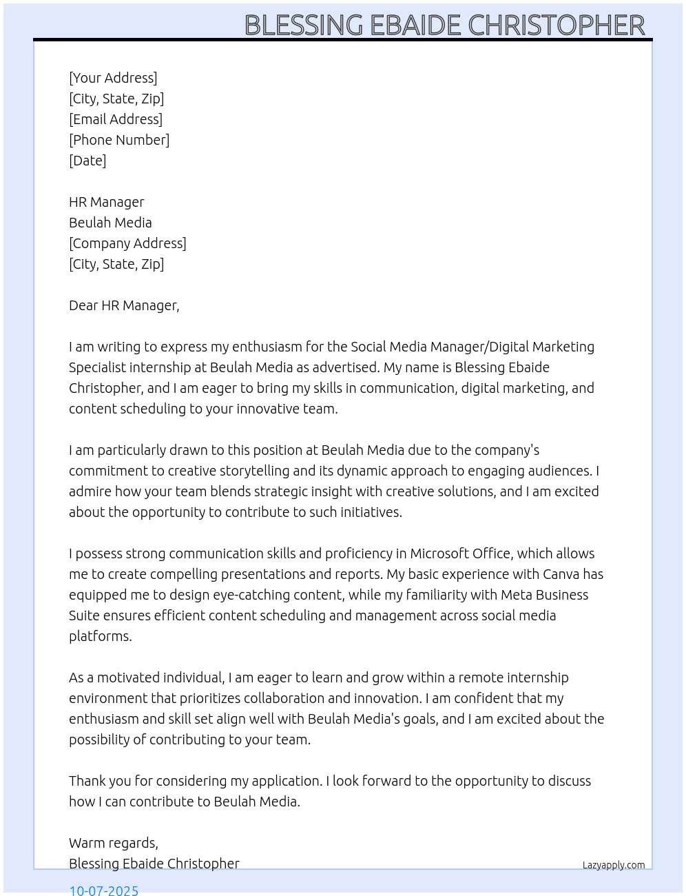 Social media manager/digital marketing specialist internship  At Beulah media  Cover Letter