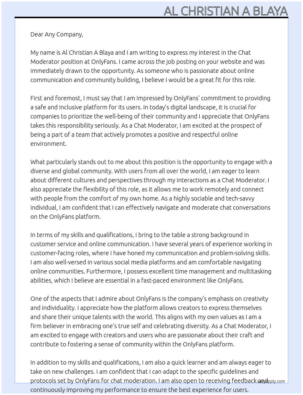  Chat Moderator At OnlyFans Cover Letter
