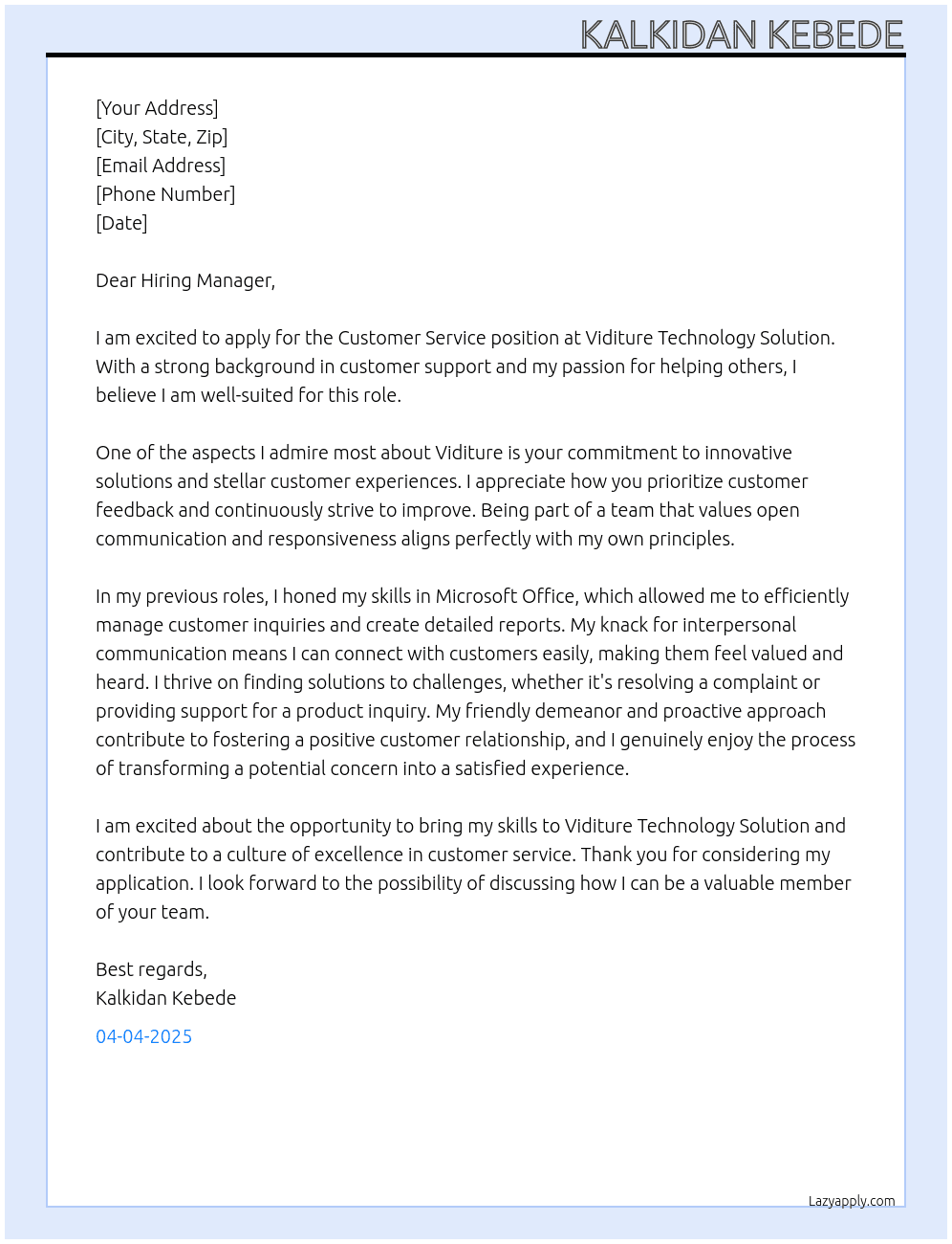 Customer service  At Viditure Technology Solution  Cover Letter