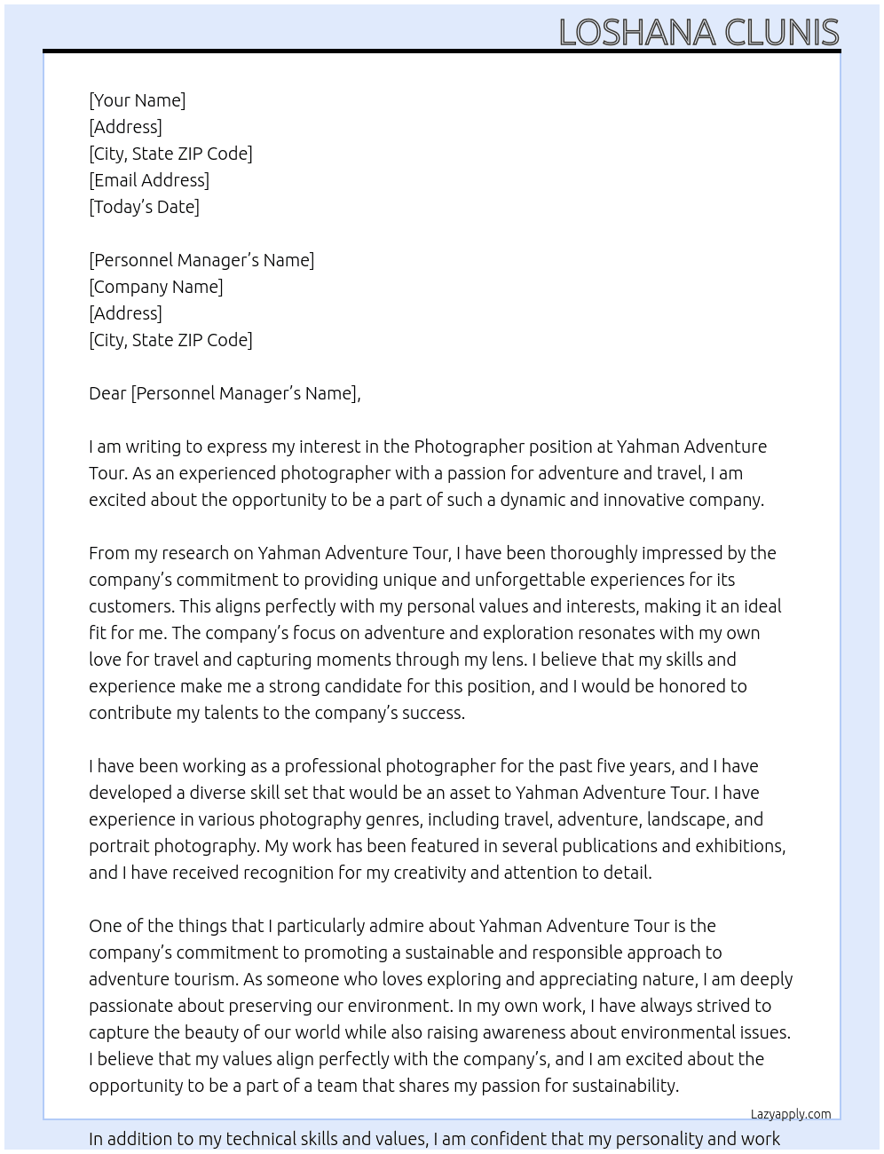 Photographer At Yahman Adventure Tour Cover Letter