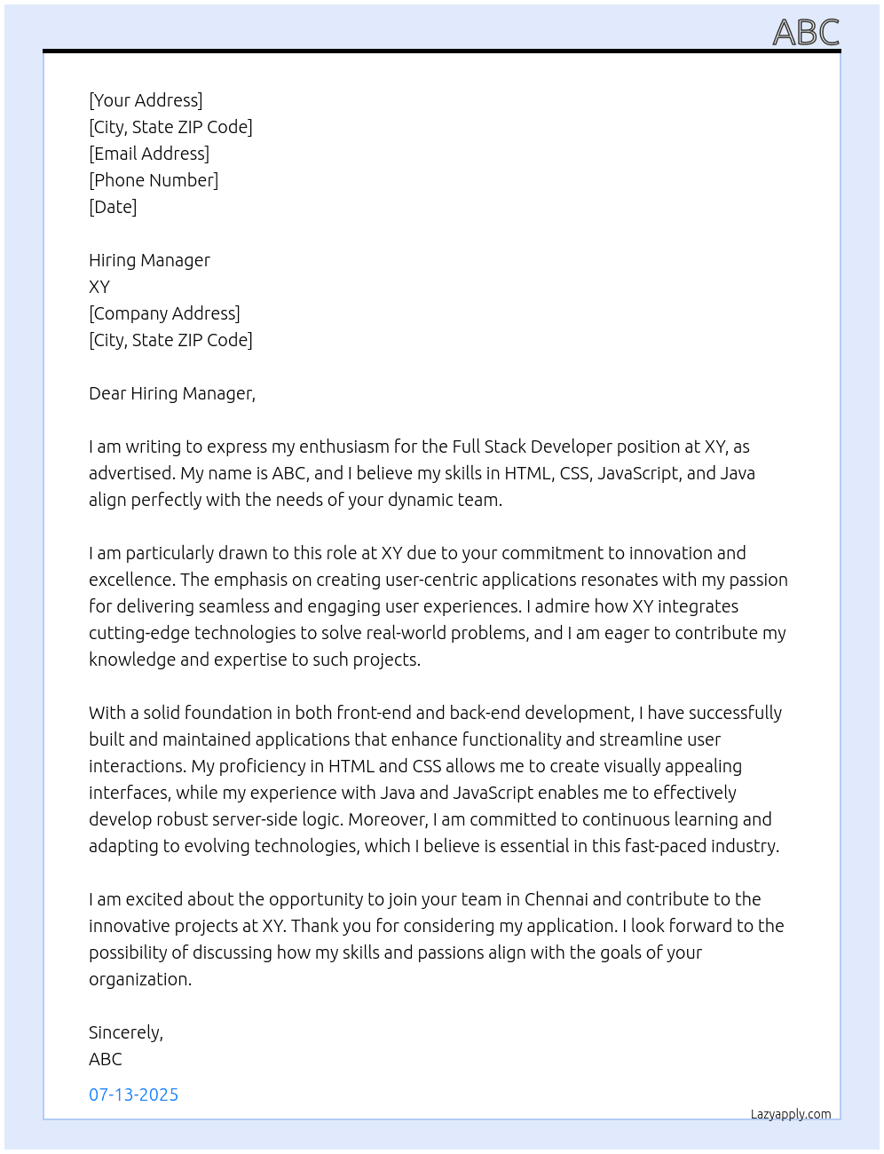 FULL STACK DEVELOPER At XY Cover Letter