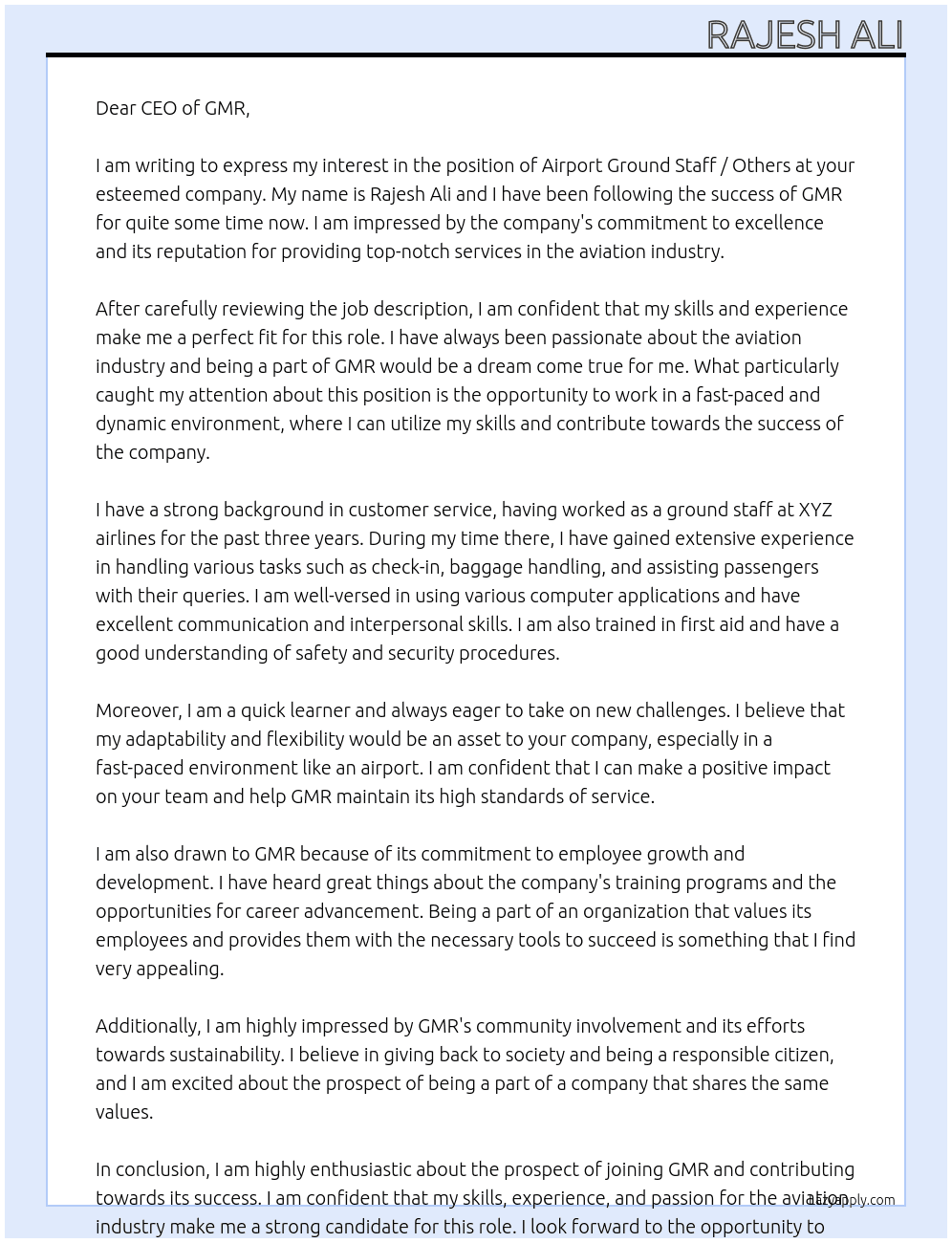 Air port Ground Staff / Others At GMR Cover Letter