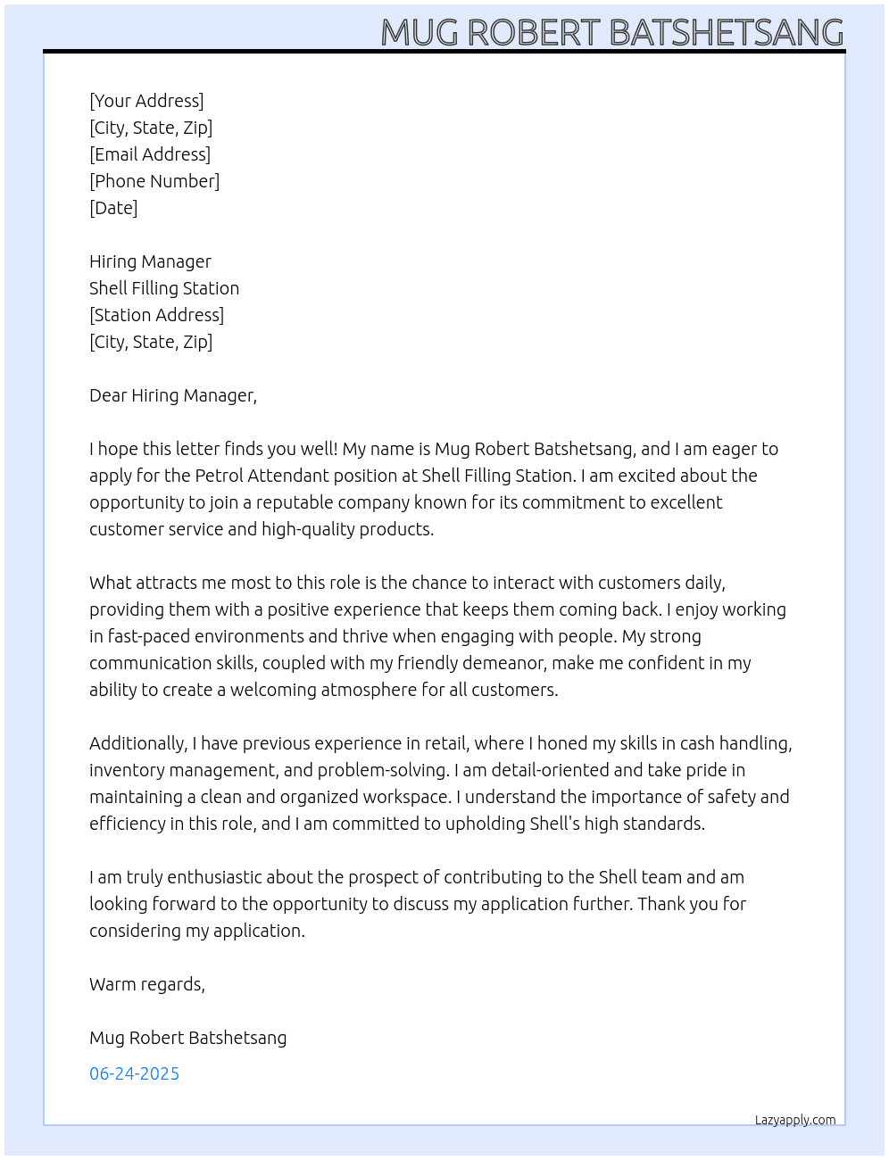 petrol attendent At Shell filling Station Cover Letter