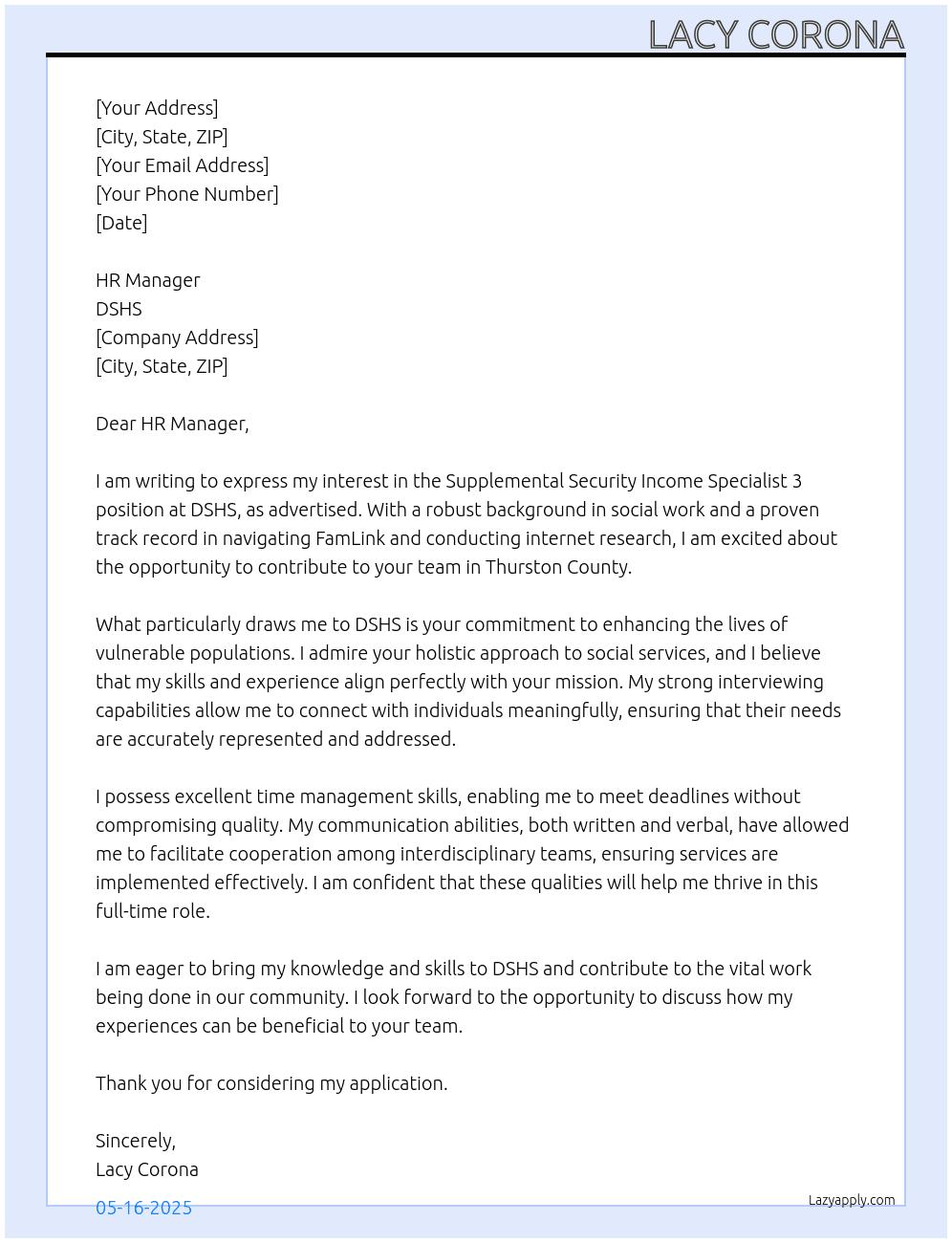 Supplemental Security Income Specialist 3 At DSHS Cover Letter