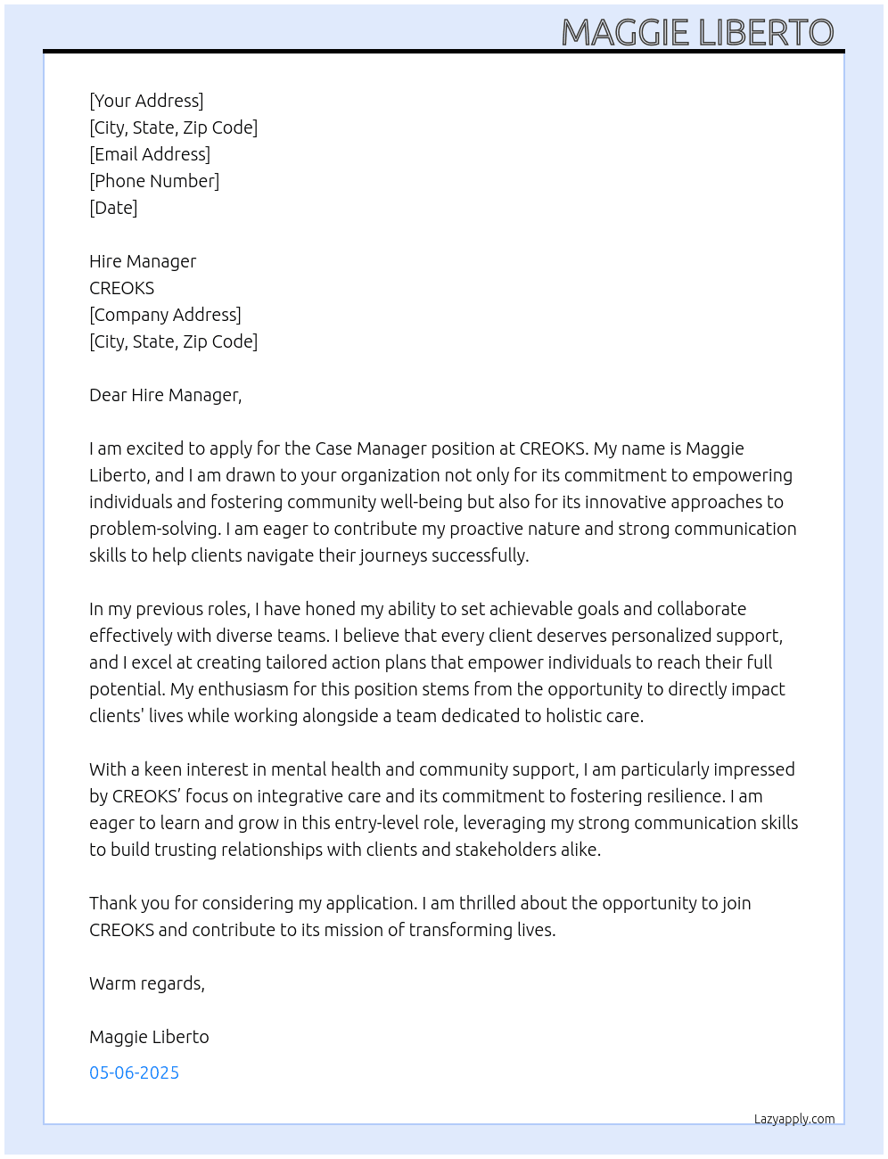 Case Manager  At CREOKS Cover Letter
