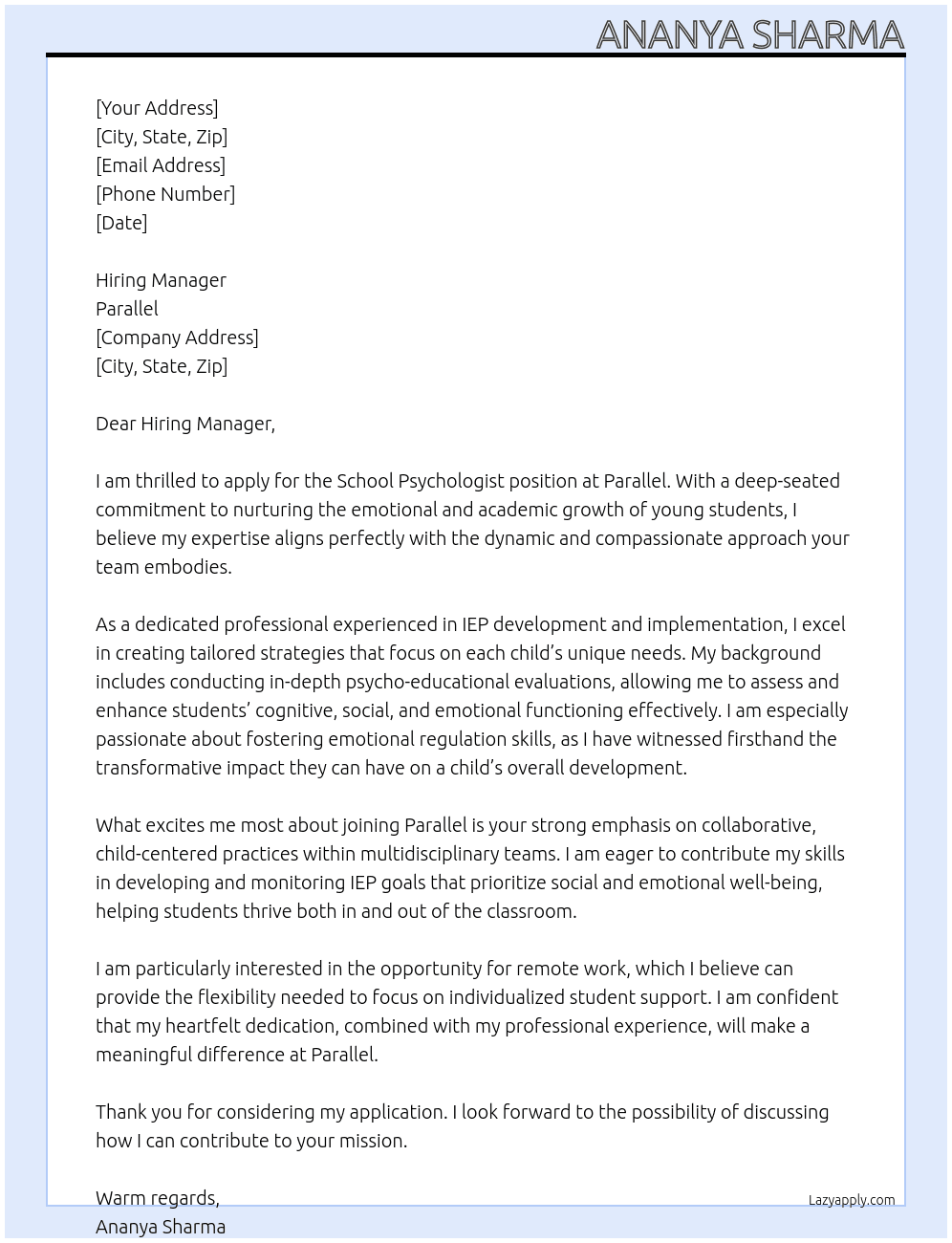  school psychologist At parallel Cover Letter