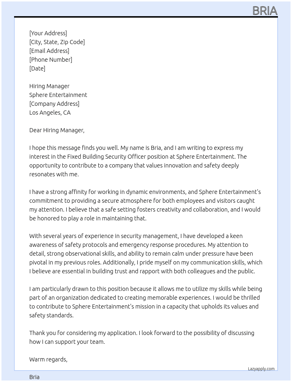 Cover letter for fixed building security officer - LazyApply