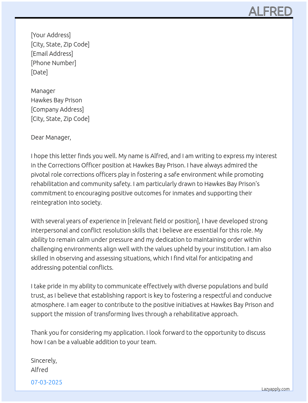 Corrections Officer At hawkes bay prison Cover Letter
