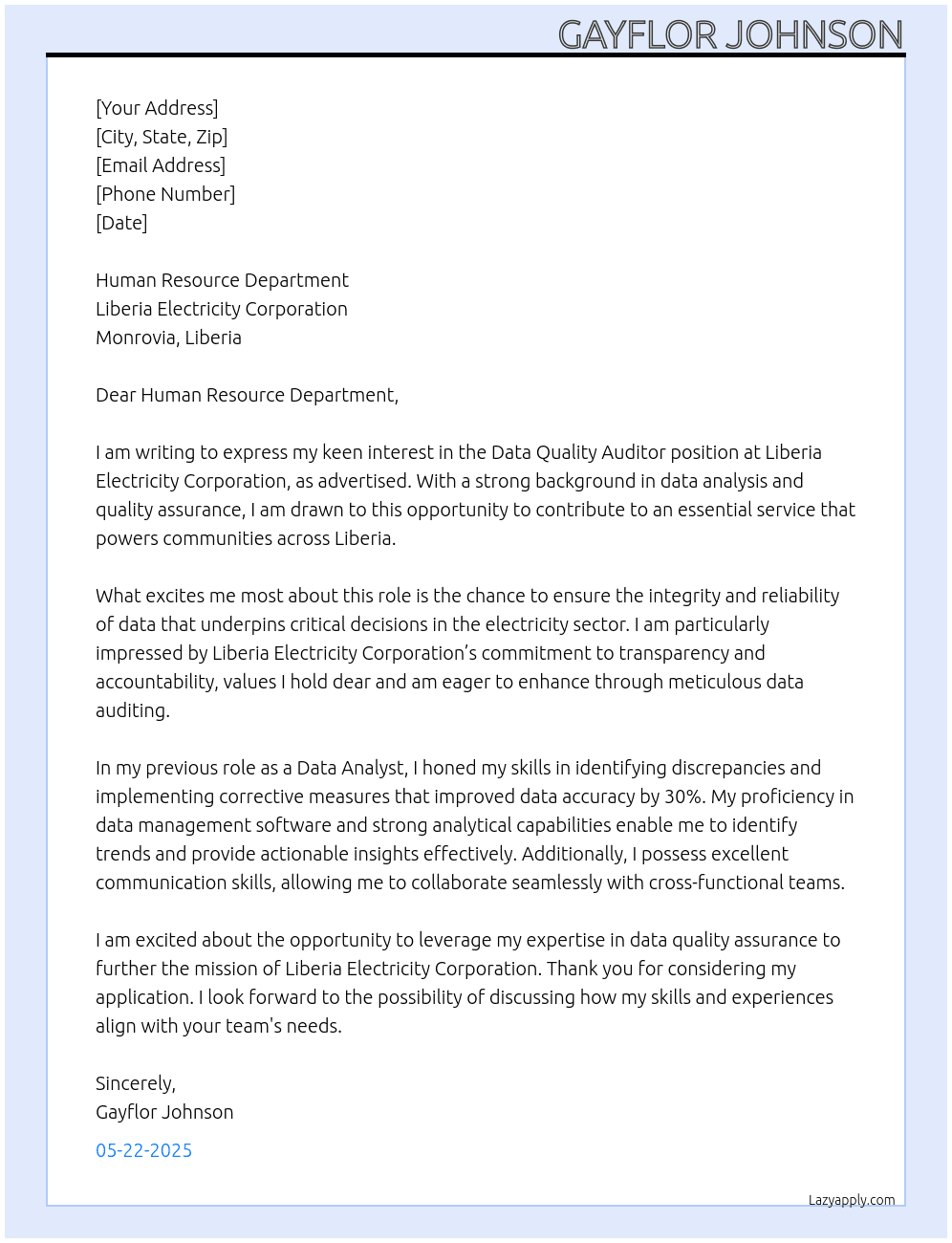 Data Quality Auditor At Liberia Electricity Corporation Cover Letter