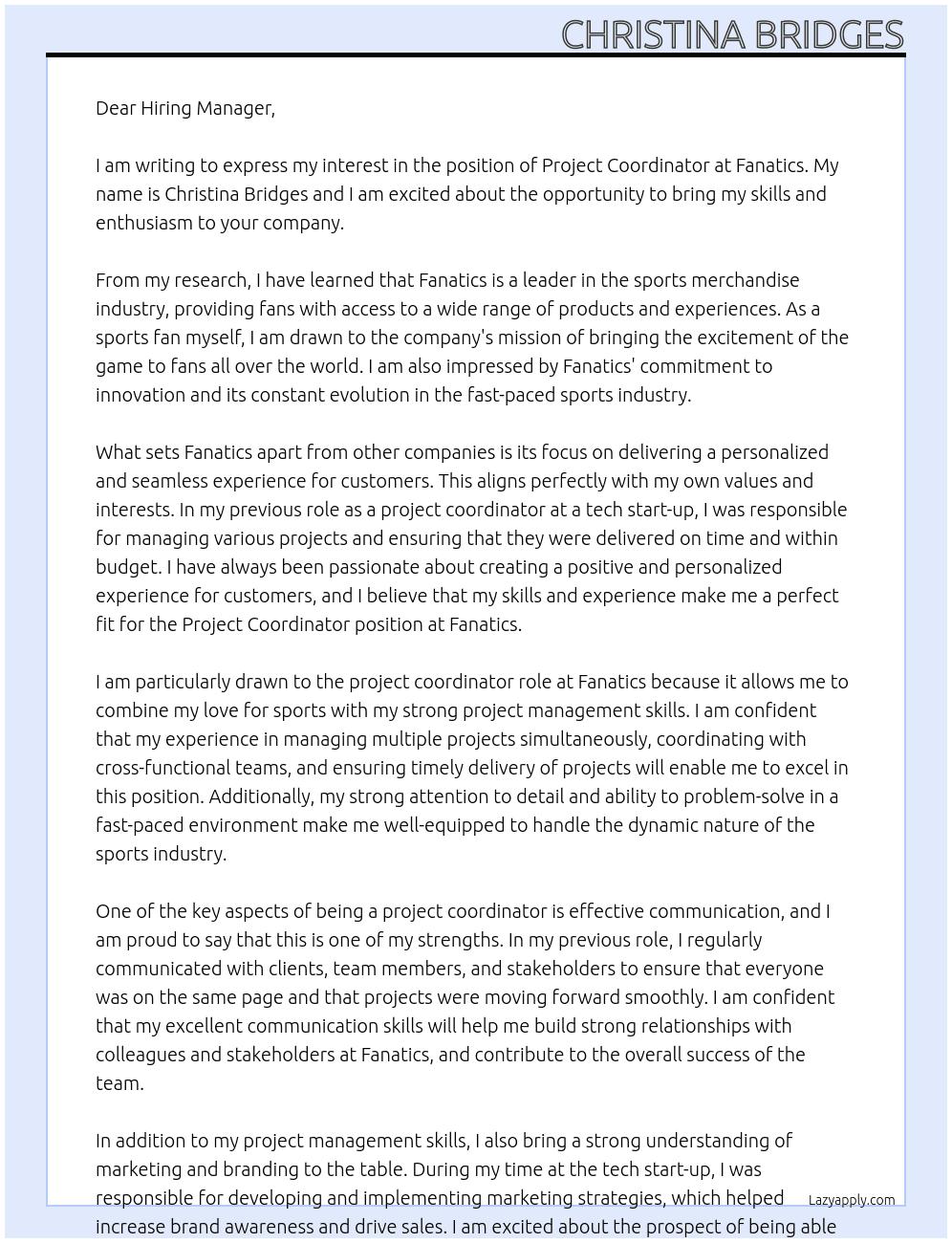 Project Coordinator  At Fanatics  Cover Letter