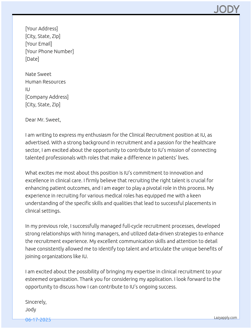 Clinical recruitment At iu Cover Letter