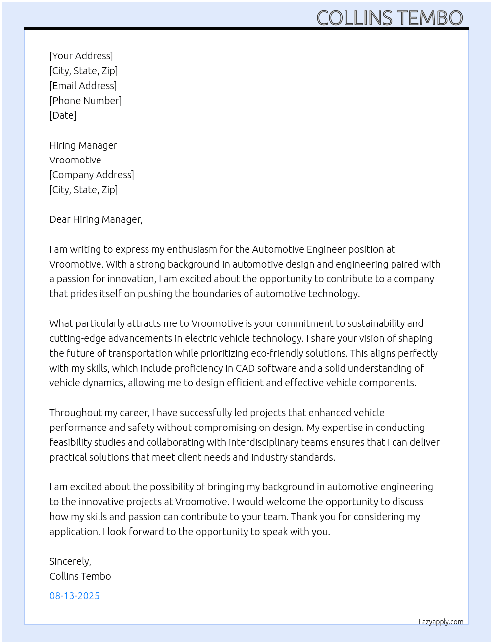 Automotive Engineer  At Vroomotive Cover Letter