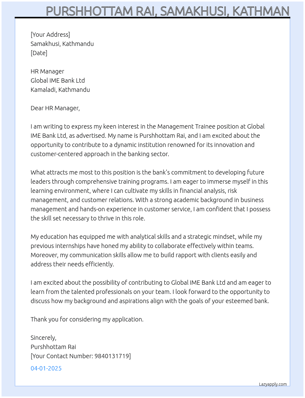 Management Trainee At Global IME Bank Ltd, Kamaladi, Kathmandu Cover Letter