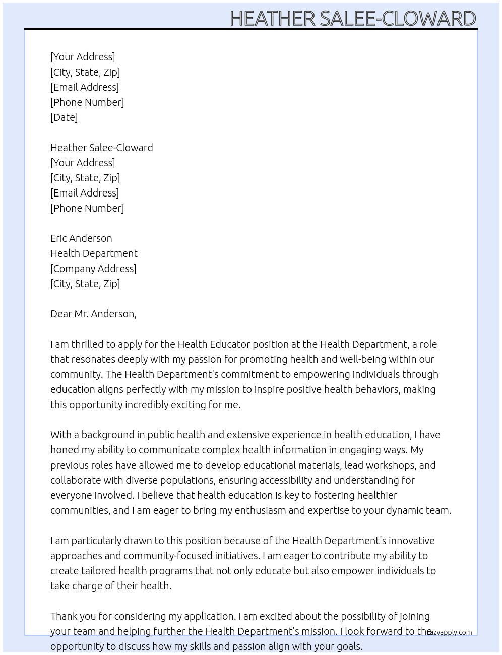 Health educator  At Health department  Cover Letter