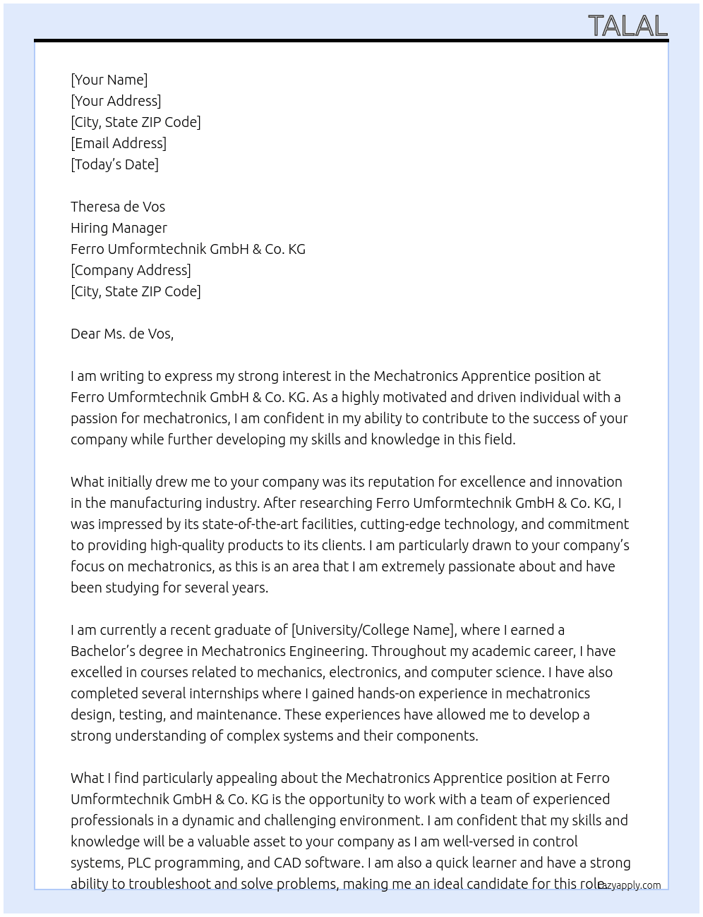 Cover letter for mechatronics apprentice - LazyApply