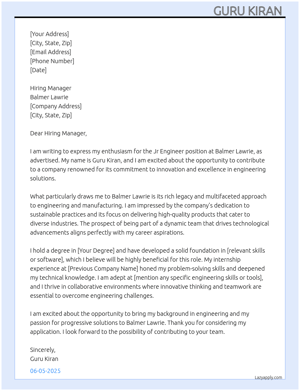 Jr Engineer  At Balmer Lawrie  Cover Letter