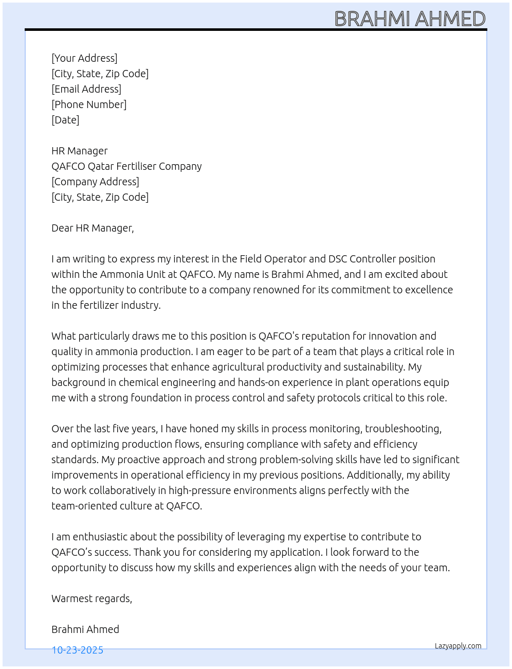 Feild operator and DSC controller of ammonia unit At QAFCO Qatar fertiliser company  Cover Letter