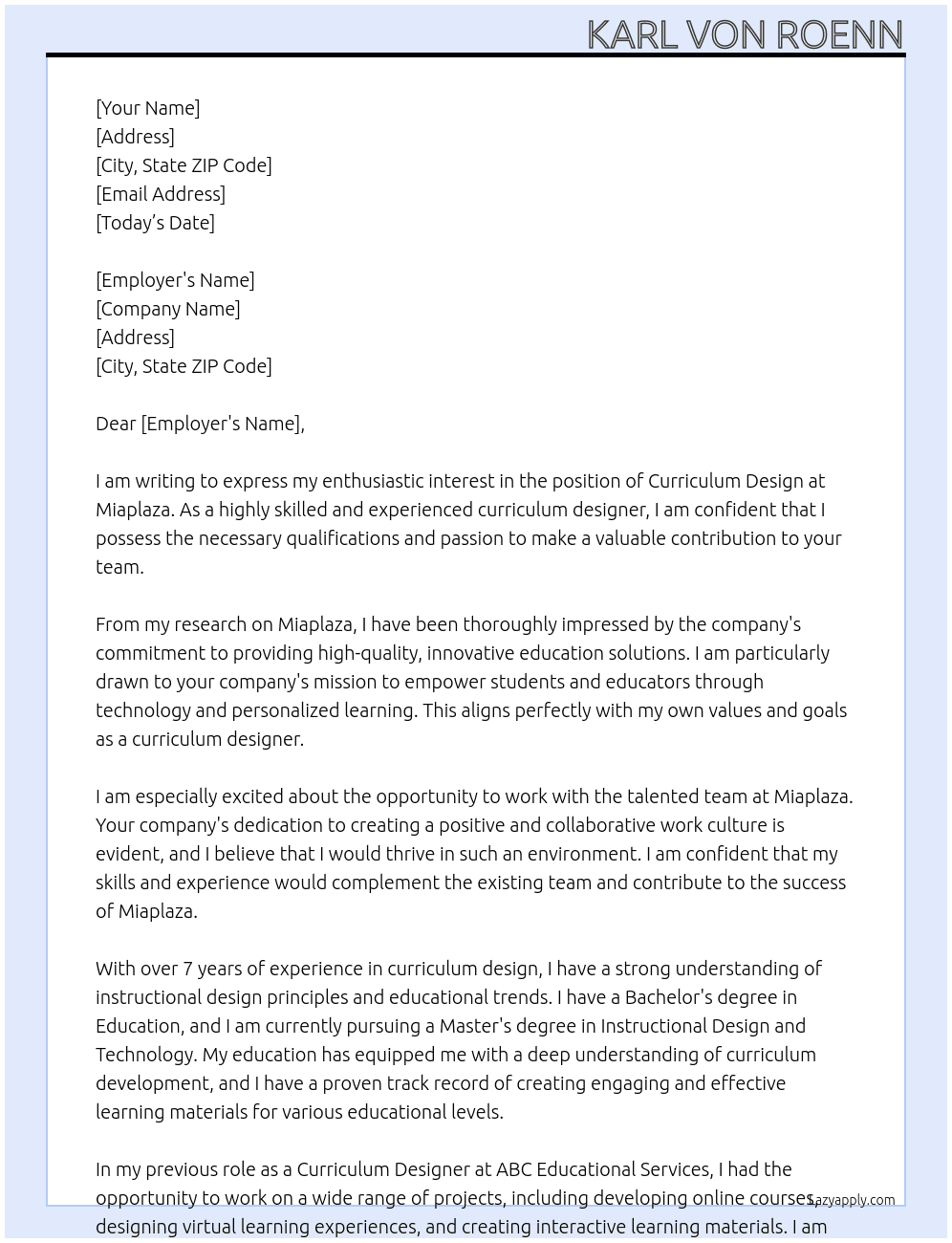 Cover letter for curriculum design - LazyApply