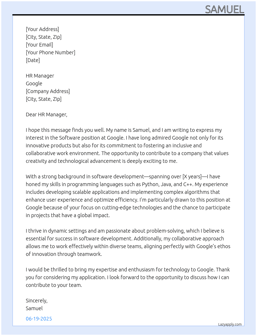 software At google Cover Letter