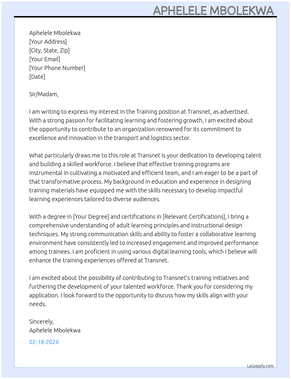 Cover letter for training - LazyApply