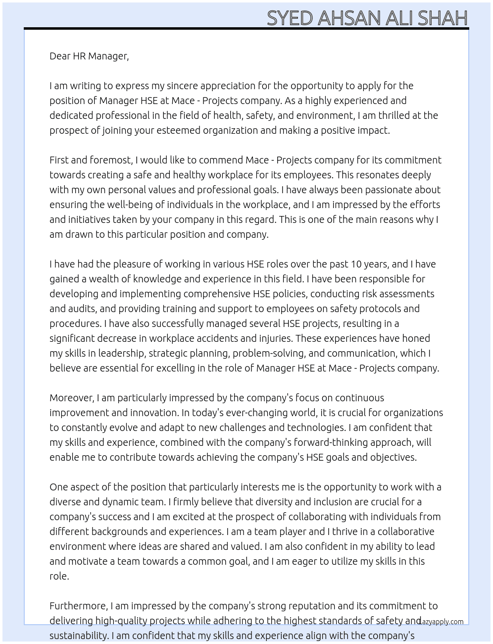  Manager HSE At Mace - Projects company Cover Letter
