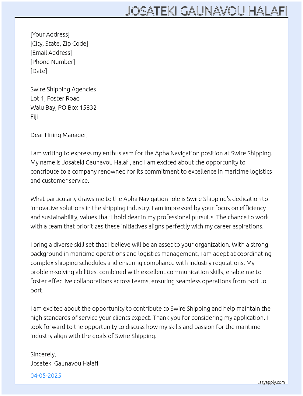 Apha Navigation At Swire Swipping Cover Letter
